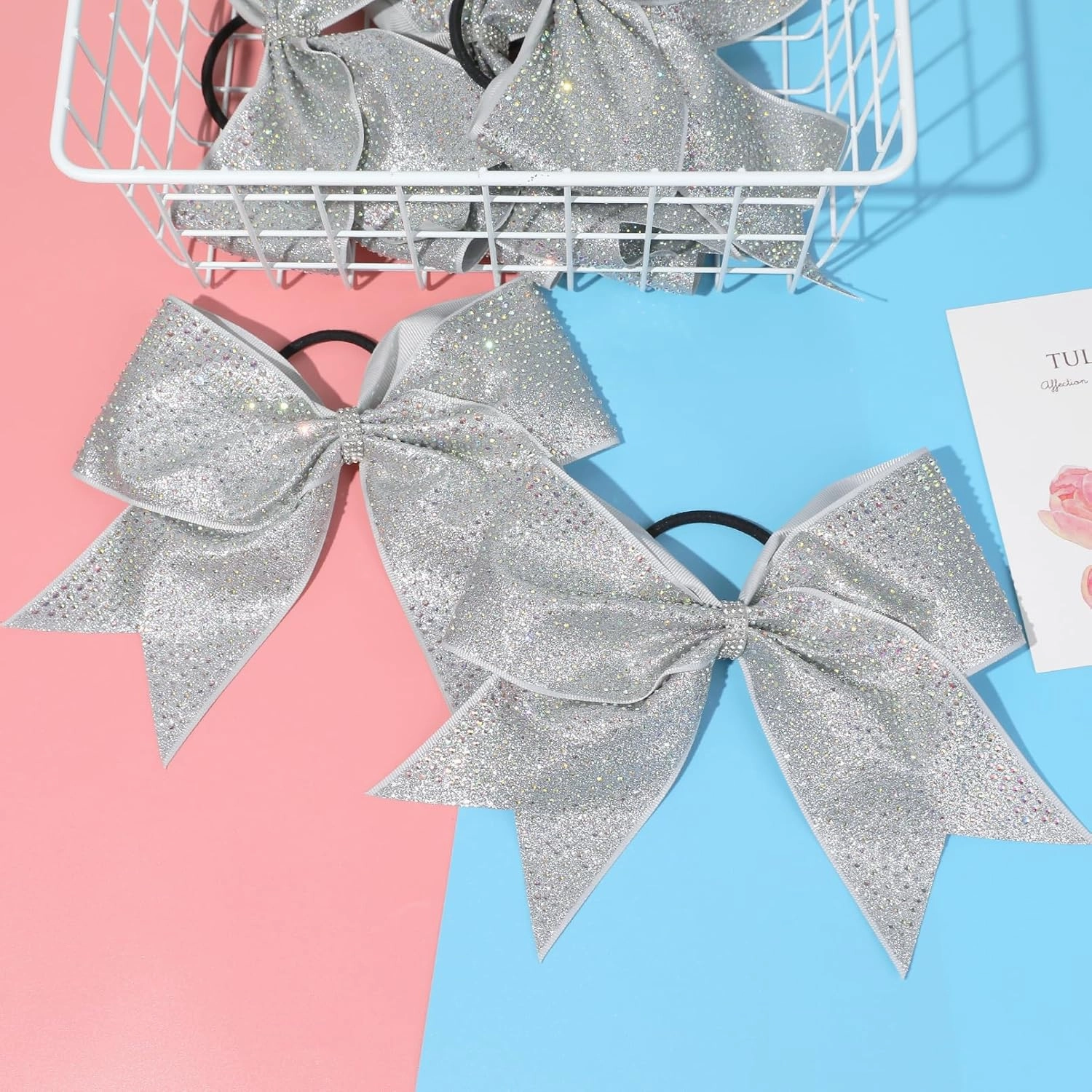 DEEKA 6PCS 8" Large Glitter Cheer Bows with Full Rhinestones Colorful Shimmer Shiny Cheer Hair Bows Elastic Band Ponytail Holder for Cheerleader Girls Sports -Silver