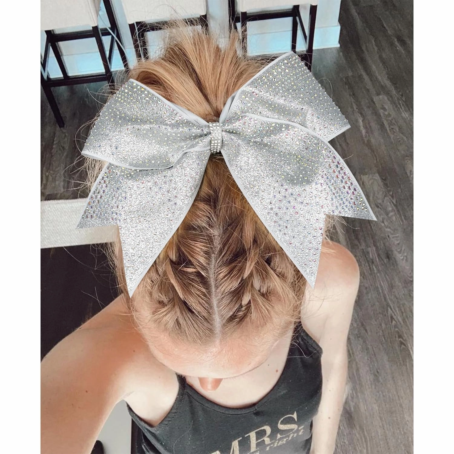 DEEKA 6PCS 8" Large Glitter Cheer Bows with Full Rhinestones Colorful Shimmer Shiny Cheer Hair Bows Elastic Band Ponytail Holder for Cheerleader Girls Sports -Silver