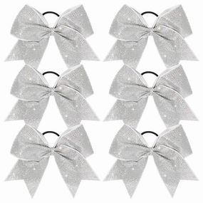 DEEKA 6PCS 8" Large Glitter Cheer Bows with Full Rhinestones Colorful Shimmer Shiny Cheer Hair Bows Elastic Band Ponytail Holder for Cheerleader Girls Sports -Silver