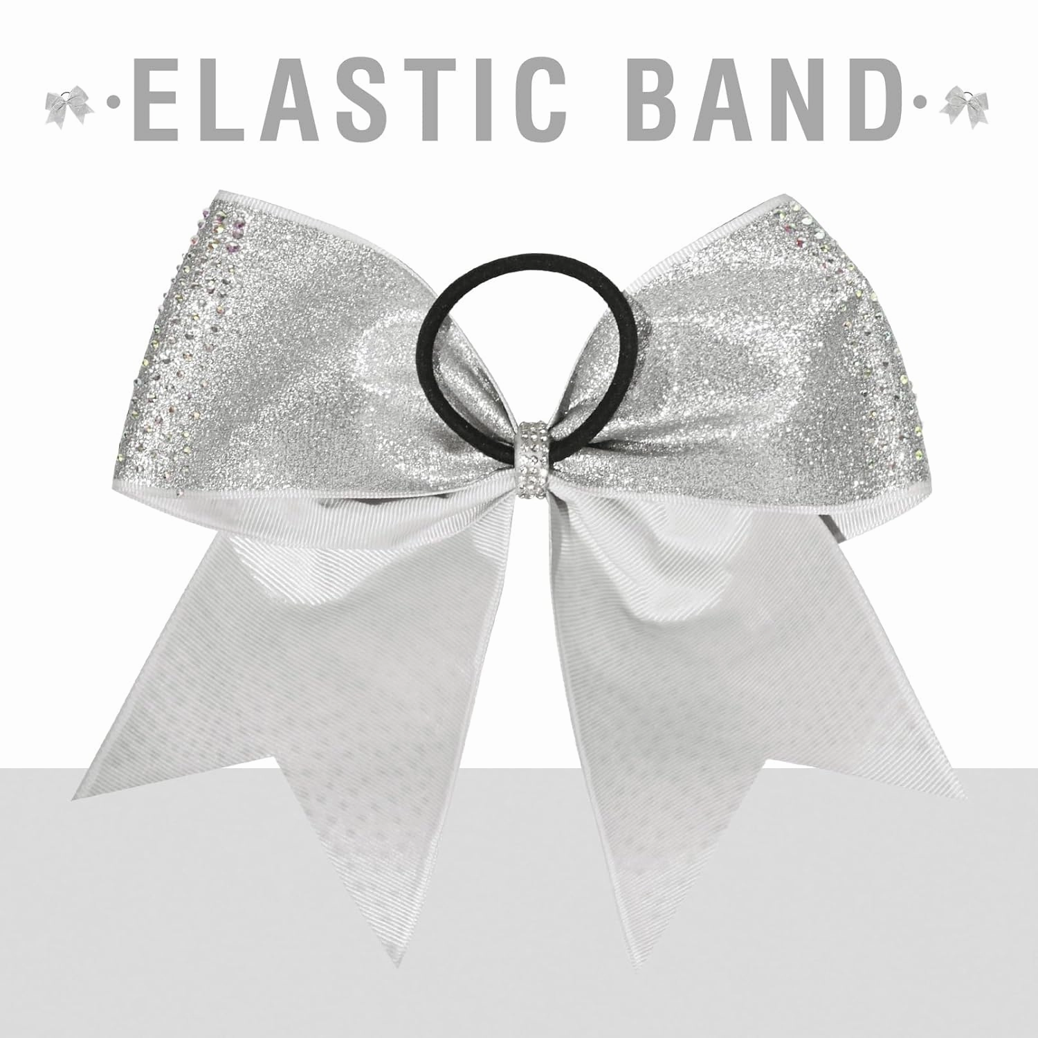 DEEKA 6PCS 8" Large Glitter Cheer Bows with Full Rhinestones Colorful Shimmer Shiny Cheer Hair Bows Elastic Band Ponytail Holder for Cheerleader Girls Sports -Silver