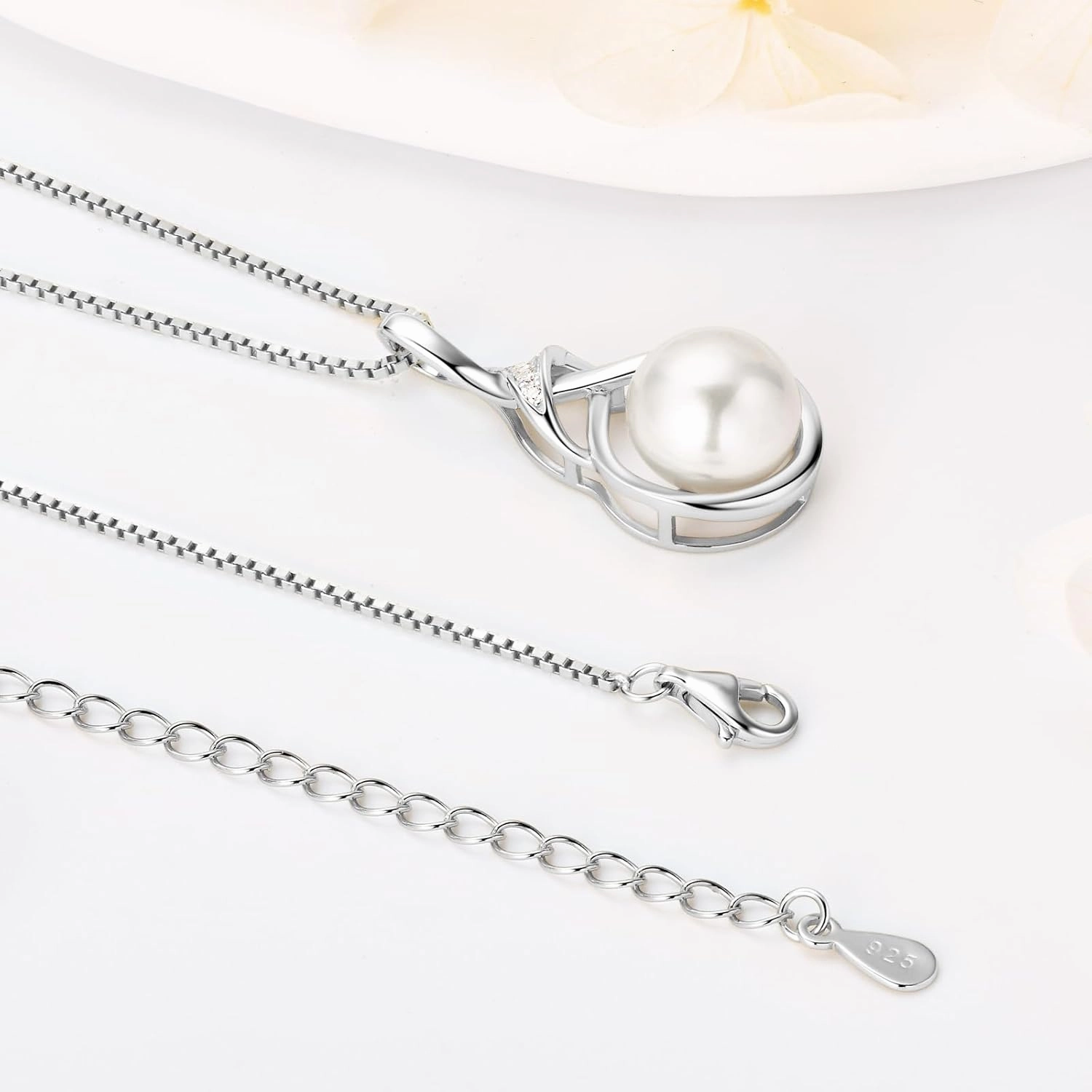 DENGGGUANG Freshwater Pearl Pendant Necklaces for Women, Sterling Silver Infinity Single Pearl Necklace with Shiny Moissanite Wedding Jewelry Gift for Bride Bridesmaid