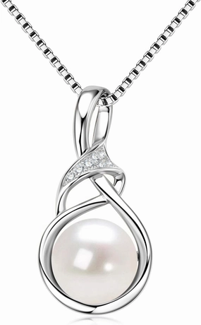 DENGGGUANG Freshwater Pearl Pendant Necklaces for Women, Sterling Silver Infinity Single Pearl Necklace with Shiny Moissanite Wedding Jewelry Gift for Bride Bridesmaid