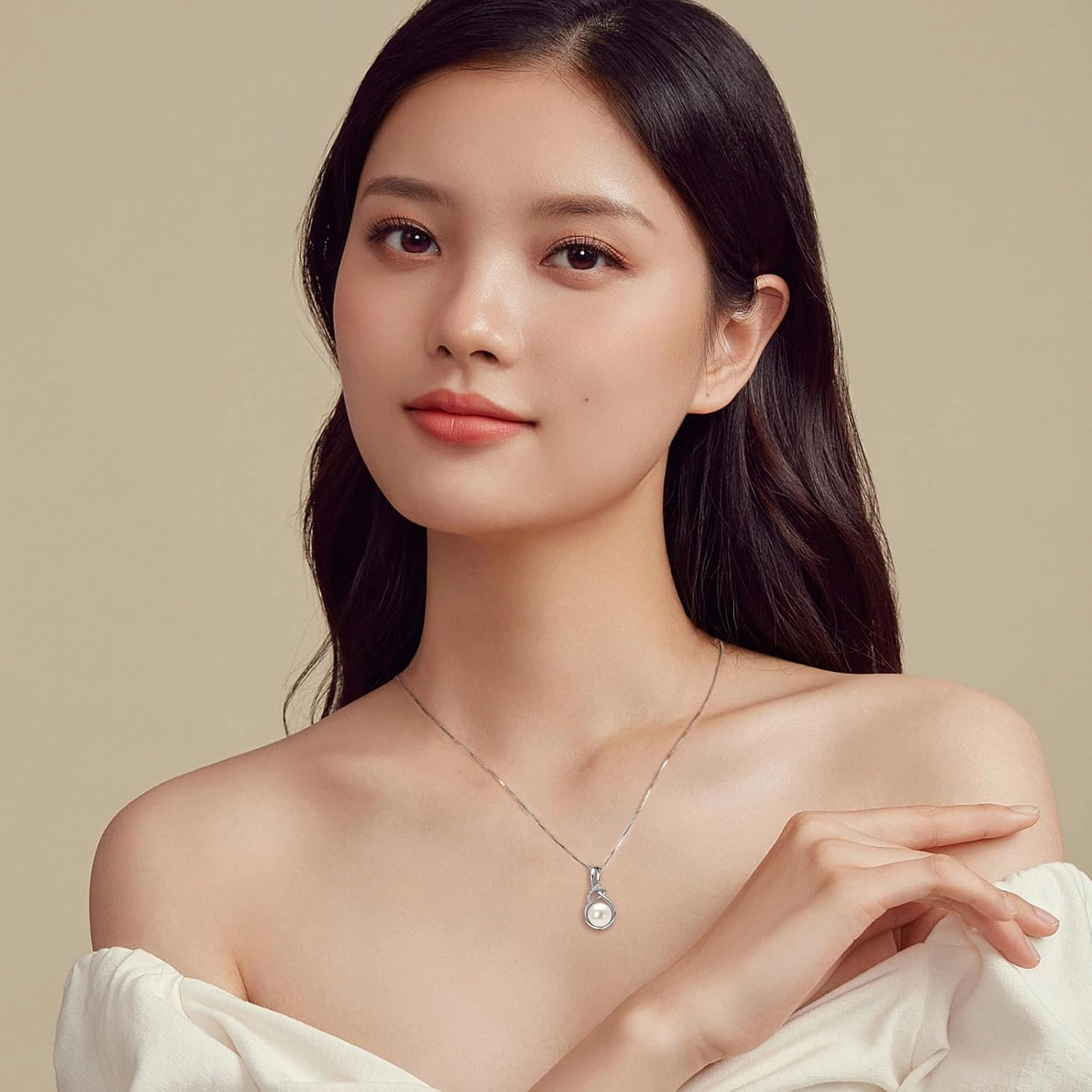 DENGGGUANG Freshwater Pearl Pendant Necklaces for Women, Sterling Silver Infinity Single Pearl Necklace with Shiny Moissanite Wedding Jewelry Gift for Bride Bridesmaid