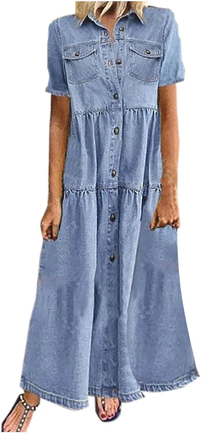 Denim Dress for Women Button Down Long Shirt Vacation Dresses Tiered Casual Summer Solid Color Trendy A-Line Dress