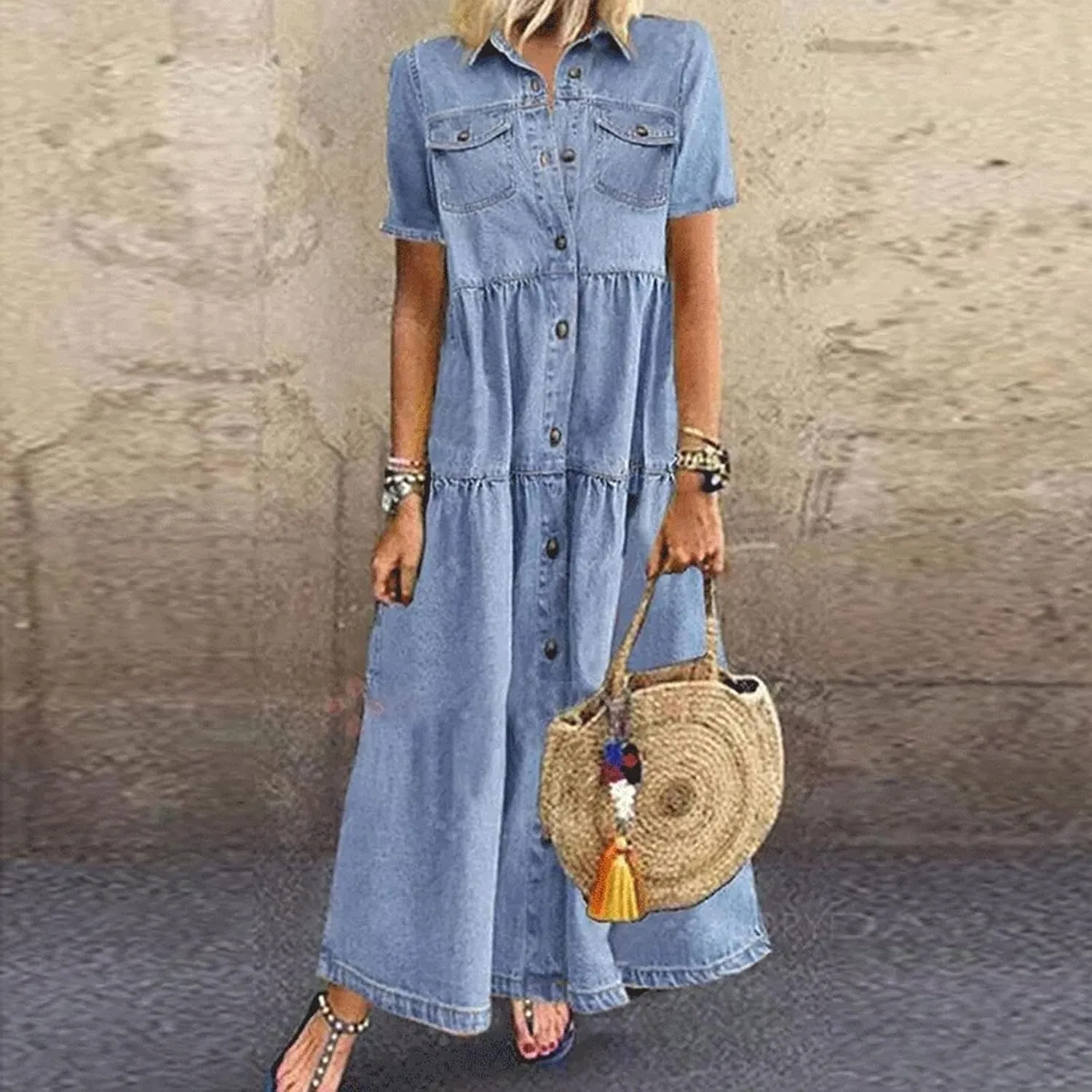 Denim Dress for Women Button Down Long Shirt Vacation Dresses Tiered Casual Summer Solid Color Trendy A-Line Dress