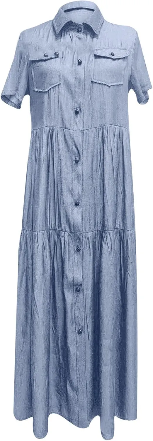 Denim Dress for Women Button Down Long Shirt Vacation Dresses Tiered Casual Summer Solid Color Trendy A-Line Dress