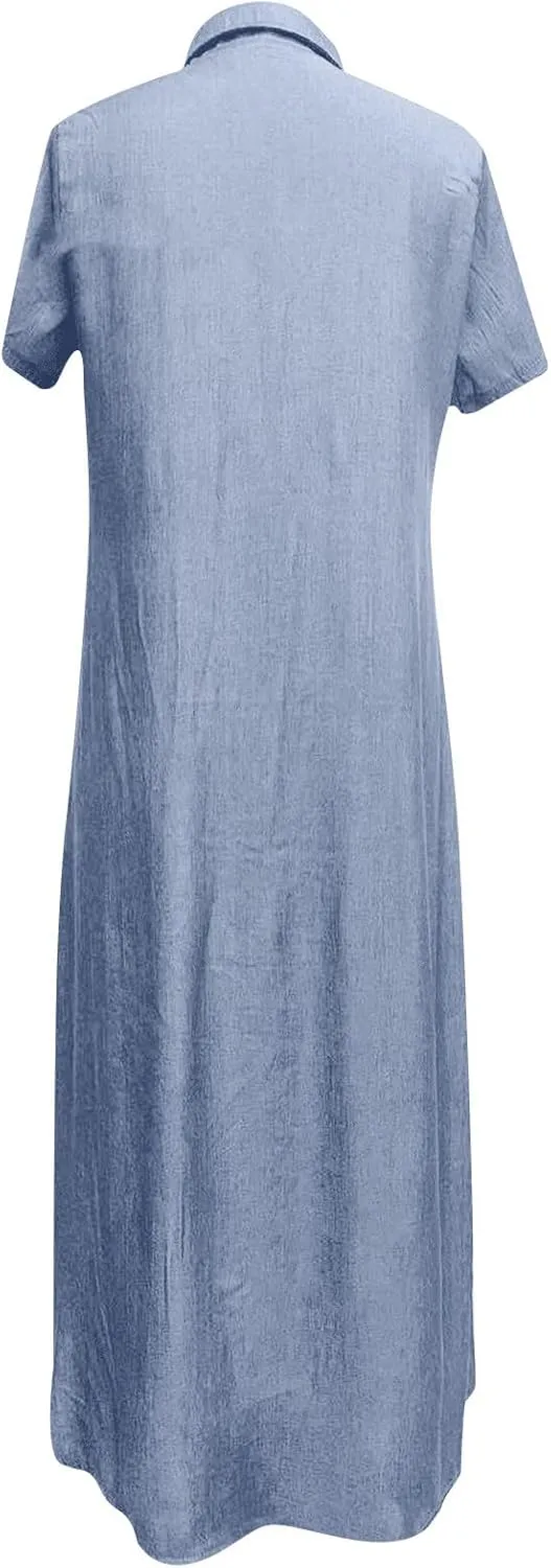 Denim Dress for Women Button Down Long Shirt Vacation Dresses Tiered Casual Summer Solid Color Trendy A-Line Dress