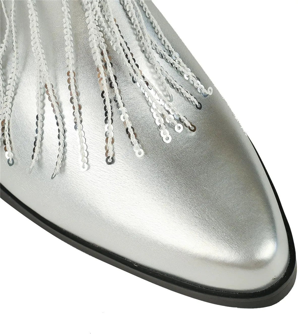 DETOGNI Women's Layered Sequin Fringes Metallic Silver Shiny Boots Chunky Heel Pointed Toe Slip-On Fit Western Booties