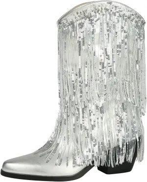 DETOGNI Women's Layered Sequin Fringes Metallic Silver Shiny Boots Chunky Heel Pointed Toe Slip-On Fit Western Booties