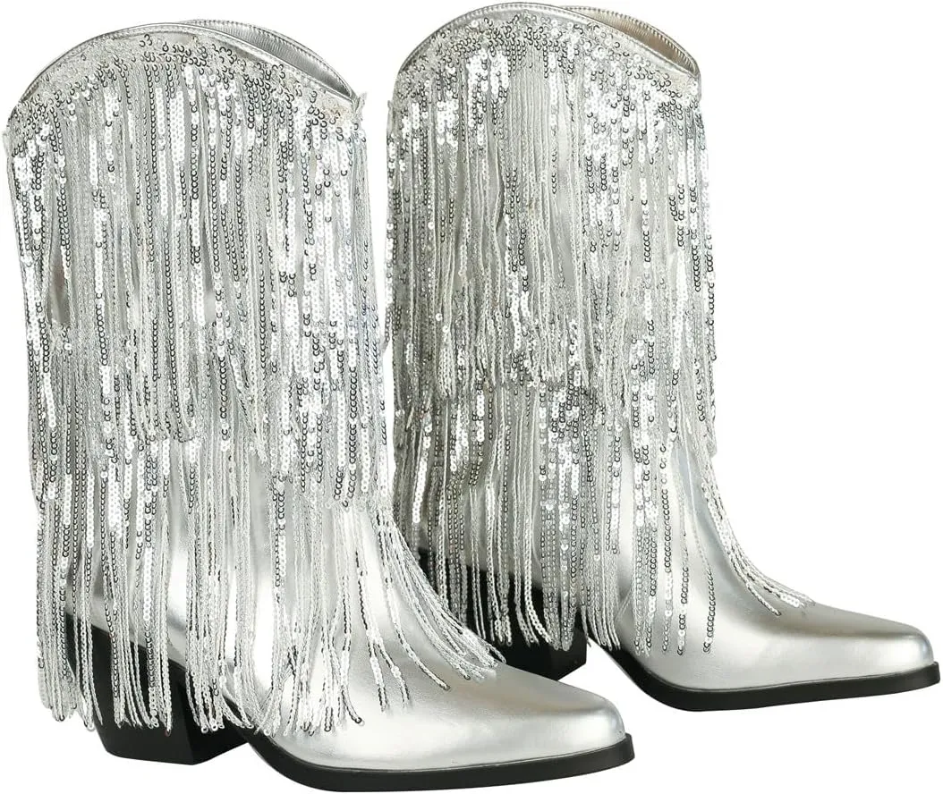 DETOGNI Women's Layered Sequin Fringes Metallic Silver Shiny Boots Chunky Heel Pointed Toe Slip-On Fit Western Booties
