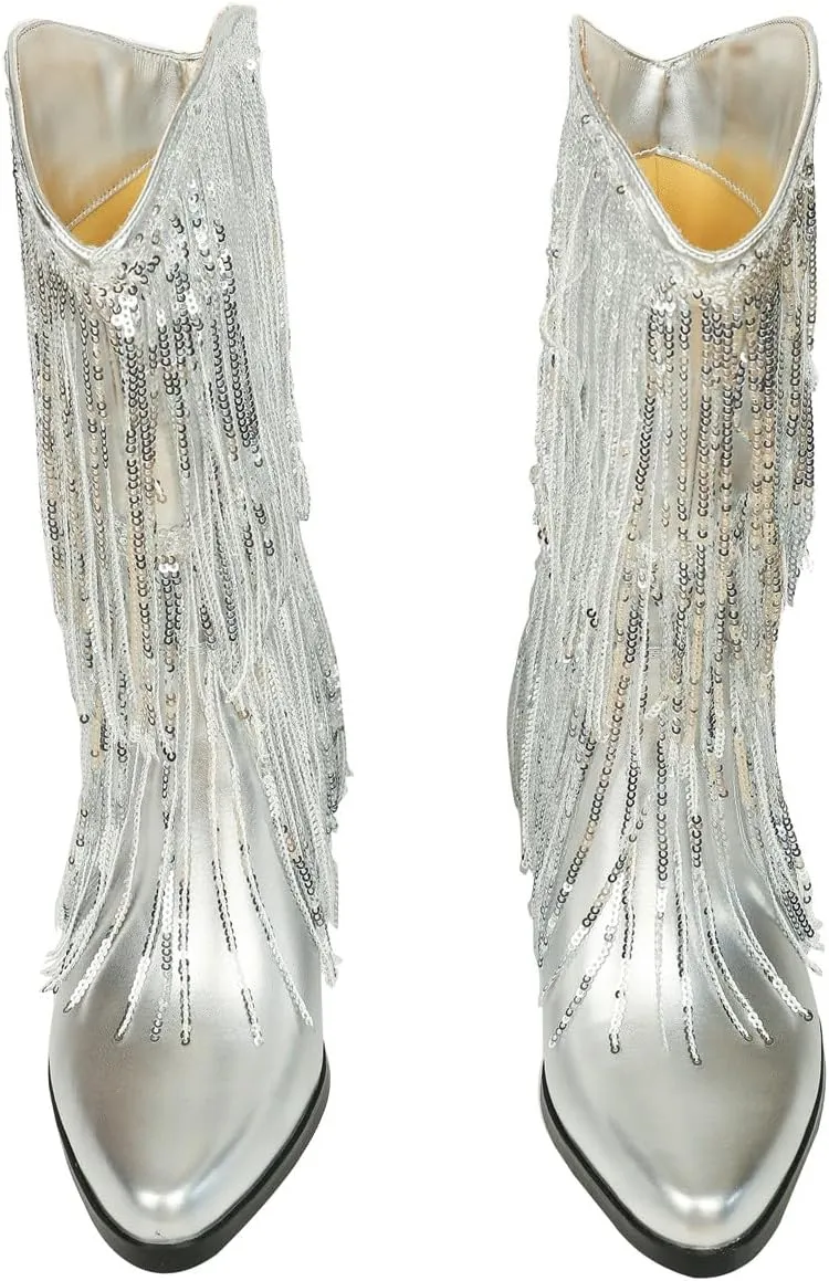 DETOGNI Women's Layered Sequin Fringes Metallic Silver Shiny Boots Chunky Heel Pointed Toe Slip-On Fit Western Booties