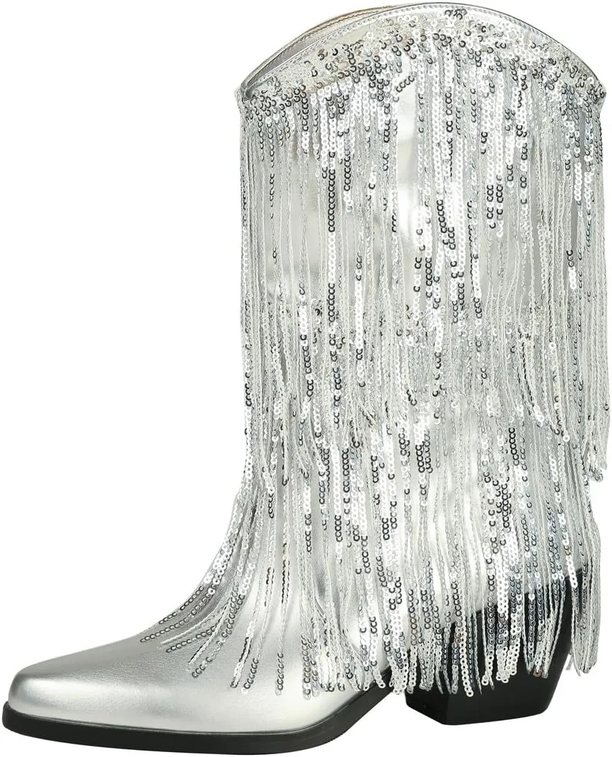 DETOGNI Women's Layered Sequin Fringes Metallic Silver Shiny Boots Chunky Heel Pointed Toe Slip-On Fit Western Booties