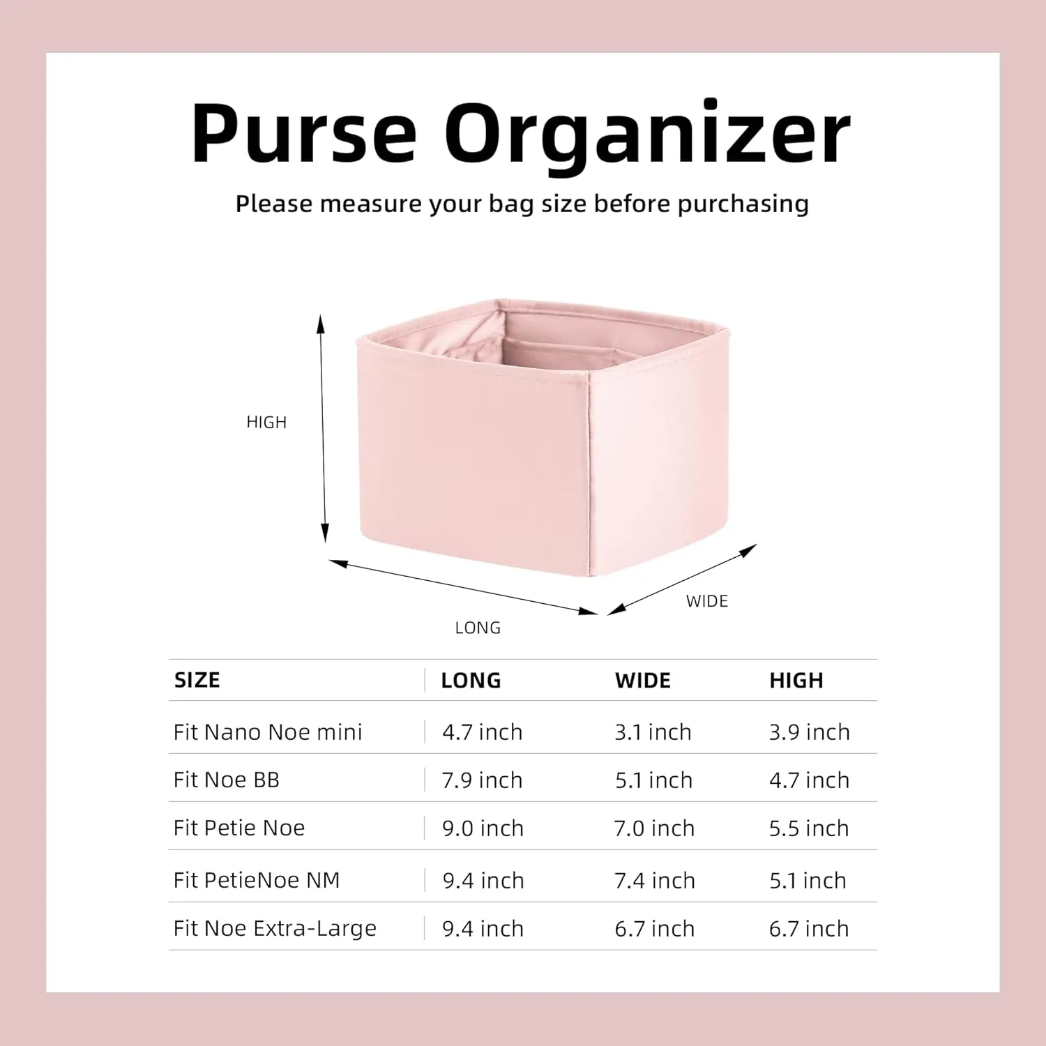 DGAZ Silk Purse Organizer Insert Fits LV Nano Noe bags，Silky Smooth Bag Organizer，Luxury Handbag & Tote Shaper(Pink,Noe BB)