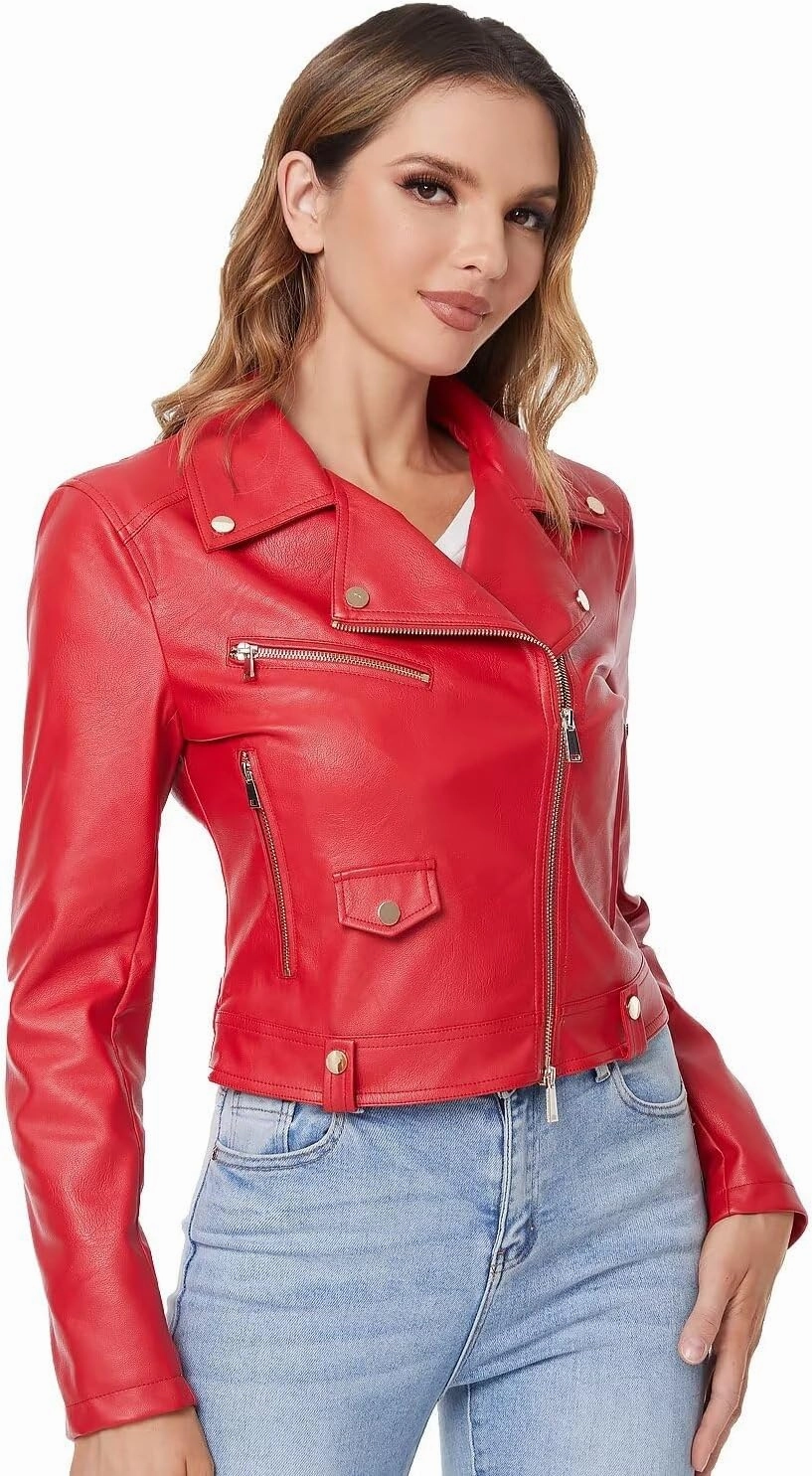 DIASHINY Faux Leather Jacket For Women Crop Short Cropped PU Slim Zip Up Moto Biker Coat Motorcycle Jackets