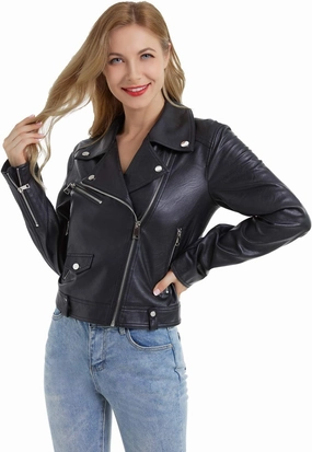DIASHINY Faux Leather Jacket For Women Crop Short Cropped PU Slim Zip Up Moto Biker Coat Motorcycle Jackets