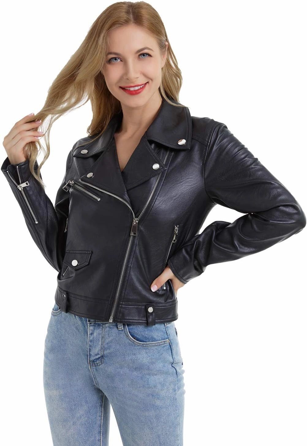 DIASHINY Faux Leather Jacket For Women Crop Short Cropped PU Slim Zip Up Moto Biker Coat Motorcycle Jackets