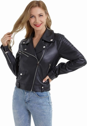 DIASHINY Faux Leather Jacket For Women Crop Short Cropped PU Slim Zip Up Moto Biker Coat Motorcycle Jackets