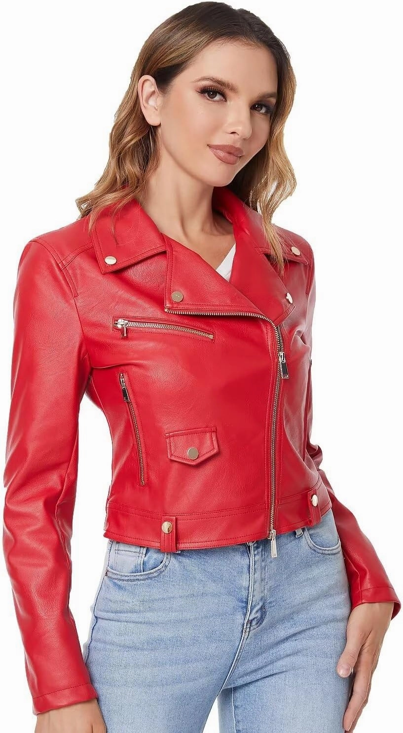 DIASHINY Faux Leather Jacket For Women Crop Short Cropped PU Slim Zip Up Moto Biker Coat Motorcycle Jackets