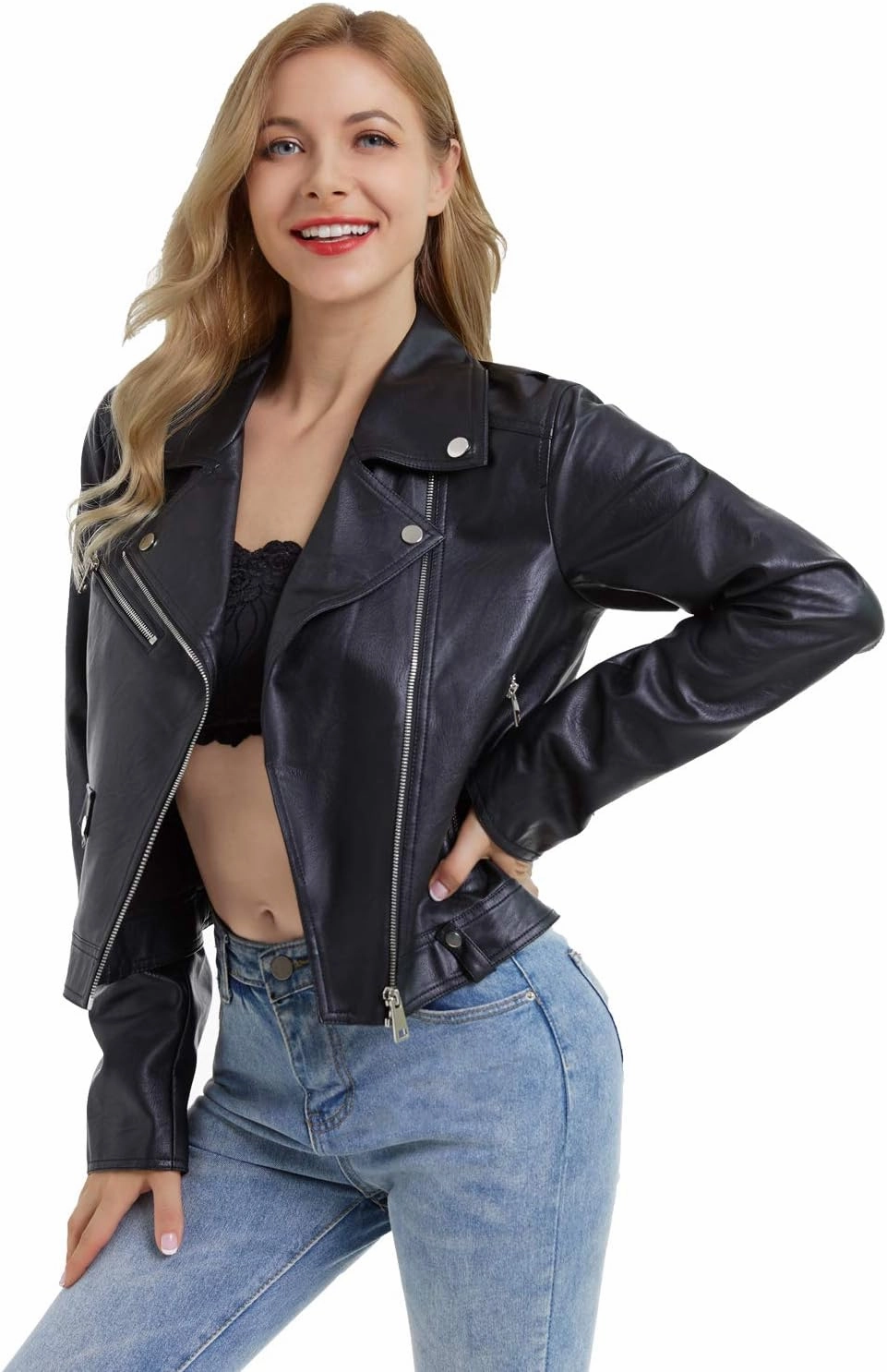 DIASHINY Faux Leather Jacket For Women Crop Short Cropped PU Slim Zip Up Moto Biker Coat Motorcycle Jackets