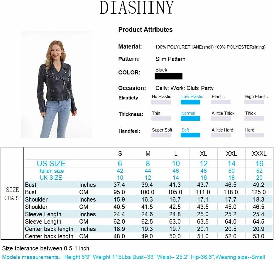 DIASHINY Faux Leather Jacket For Women Crop Short Cropped PU Slim Zip Up Moto Biker Coat Motorcycle Jackets