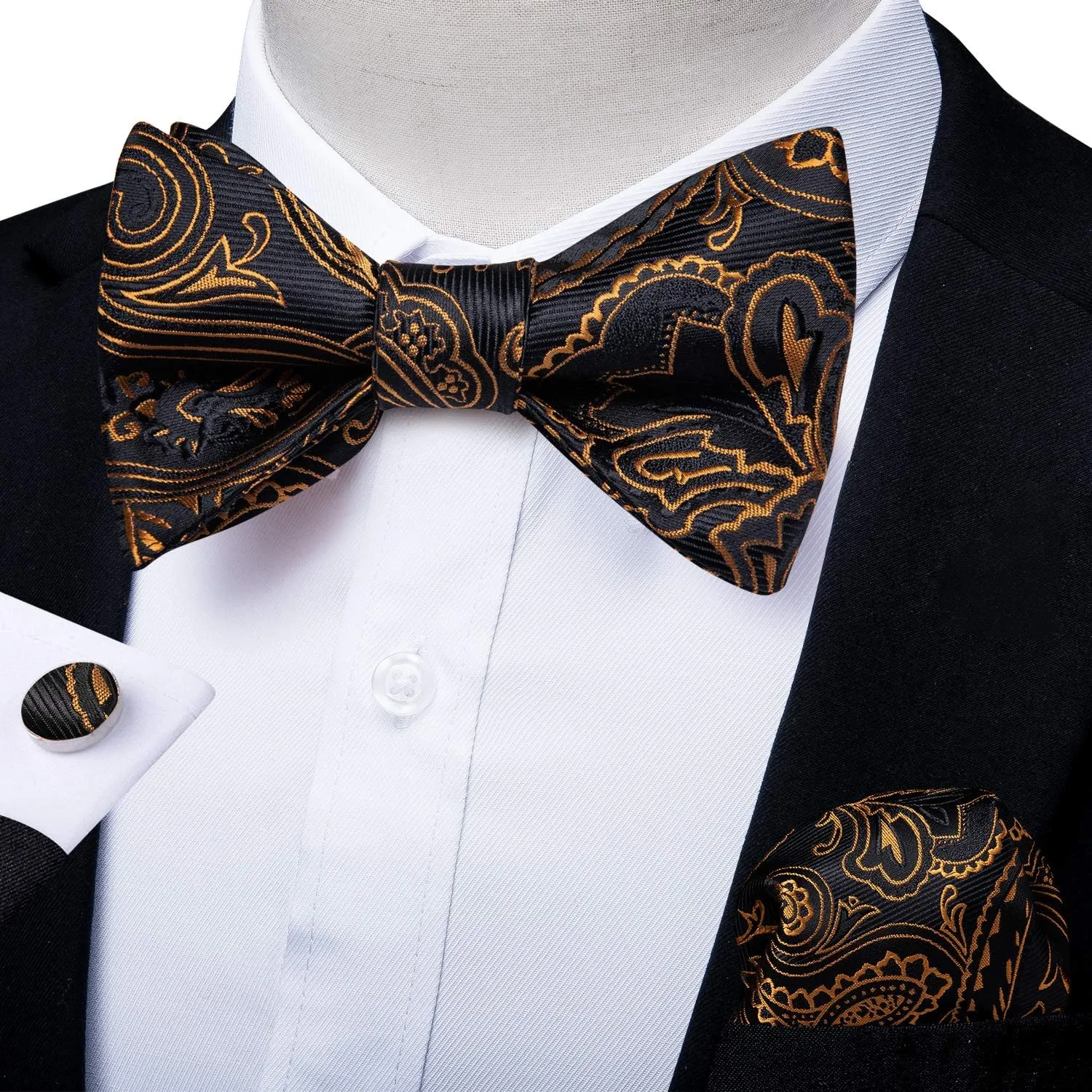 DiBanGu Mens Silk Self Bow Ties,Woven Solid Striped Paisley Bowtie and Pocket Square Cufflinks Set for Men Tuxedo Wedding