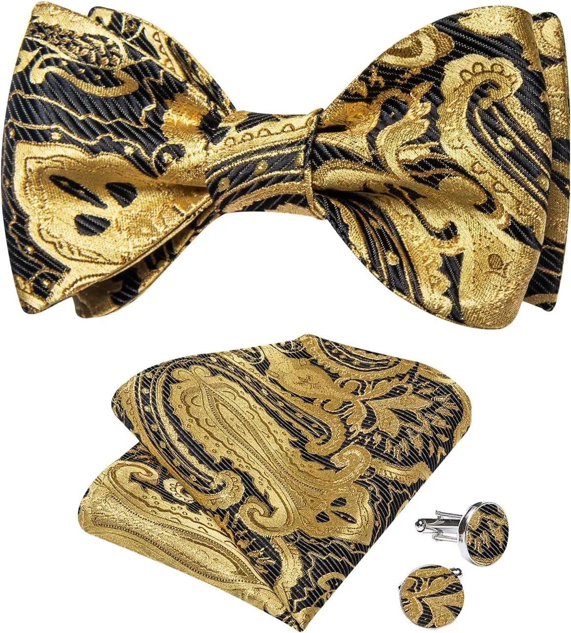 DiBanGu Mens Silk Self Bow Ties,Woven Solid Striped Paisley Bowtie and Pocket Square Cufflinks Set for Men Tuxedo Wedding