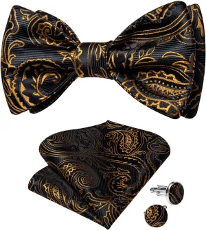 DiBanGu Mens Silk Self Bow Ties,Woven Solid Striped Paisley Bowtie and Pocket Square Cufflinks Set for Men Tuxedo Wedding