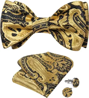 DiBanGu Mens Silk Self Bow Ties,Woven Solid Striped Paisley Bowtie and Pocket Square Cufflinks Set for Men Tuxedo Wedding