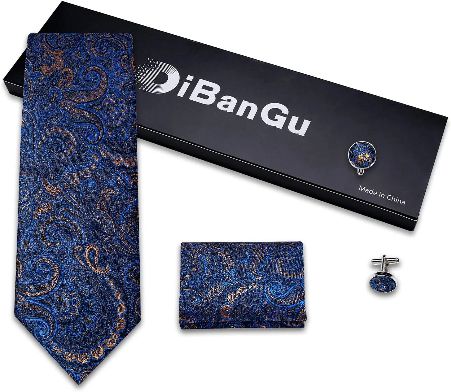 DiBanGu Mens Tie Set Silk Solid Paisley Necktie and Pocket Square Cufflinks Classic Formal Ties for Men Wedding Party
