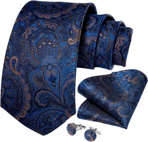 DiBanGu Mens Tie Set Silk Solid Paisley Necktie and Pocket Square Cufflinks Classic Formal Ties for Men Wedding Party