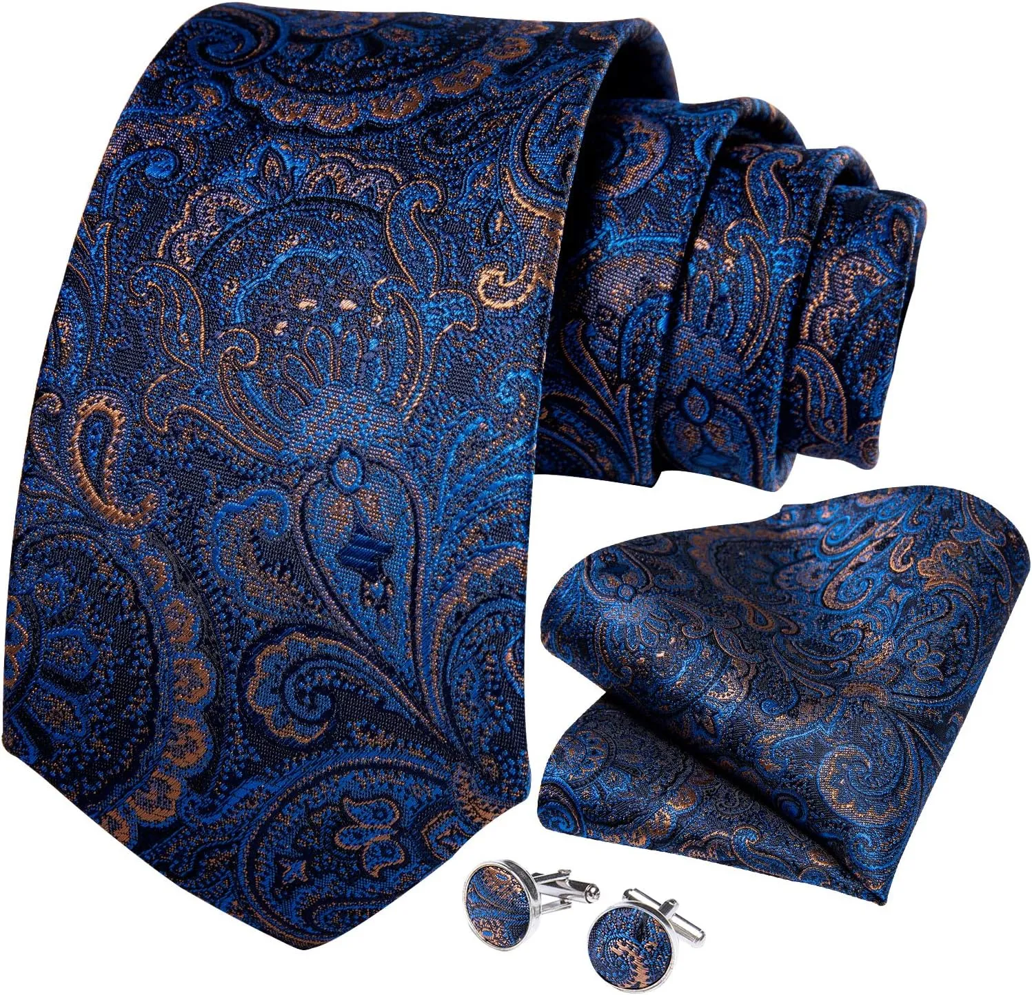 DiBanGu Mens Tie Set Silk Solid Paisley Necktie and Pocket Square Cufflinks Classic Formal Ties for Men Wedding Party
