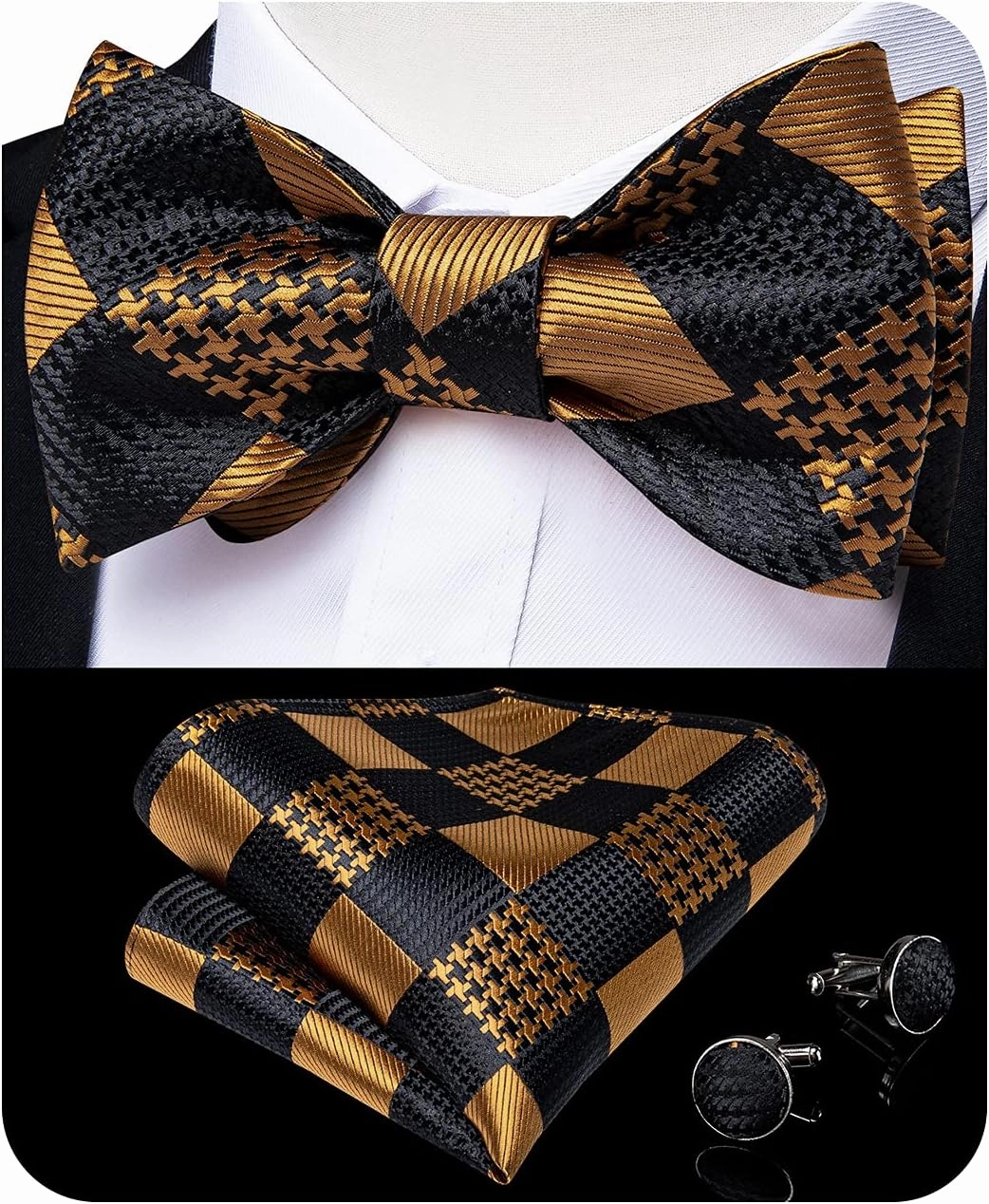 DiBanGu Mens Silk Self Bow Ties,Woven Solid Striped Paisley Bowtie and Pocket Square Cufflinks Set for Men Tuxedo Wedding