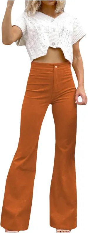 DOLKFU Womens Button Up High Waisted Trousers Flare Bell Bottom Pants Loose Fit Trendy Comfortable Trouser