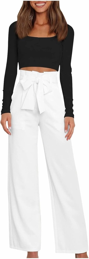DOLKFU Womens Belted High Waist Business Casual Pants Straight Wide Leg Trousers Fashion Loose Comfy Pants