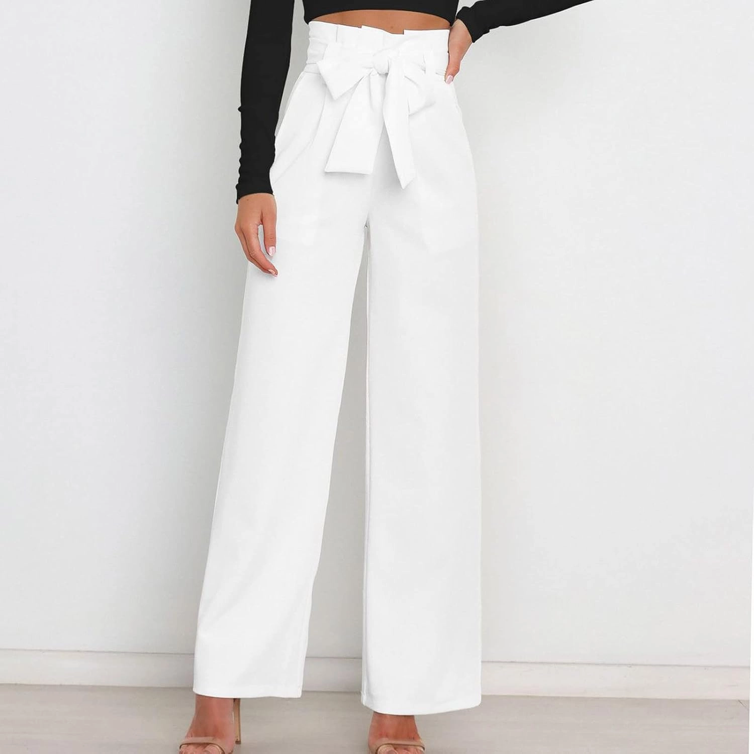 DOLKFU Womens Belted High Waist Business Casual Pants Straight Wide Leg Trousers Fashion Loose Comfy Pants