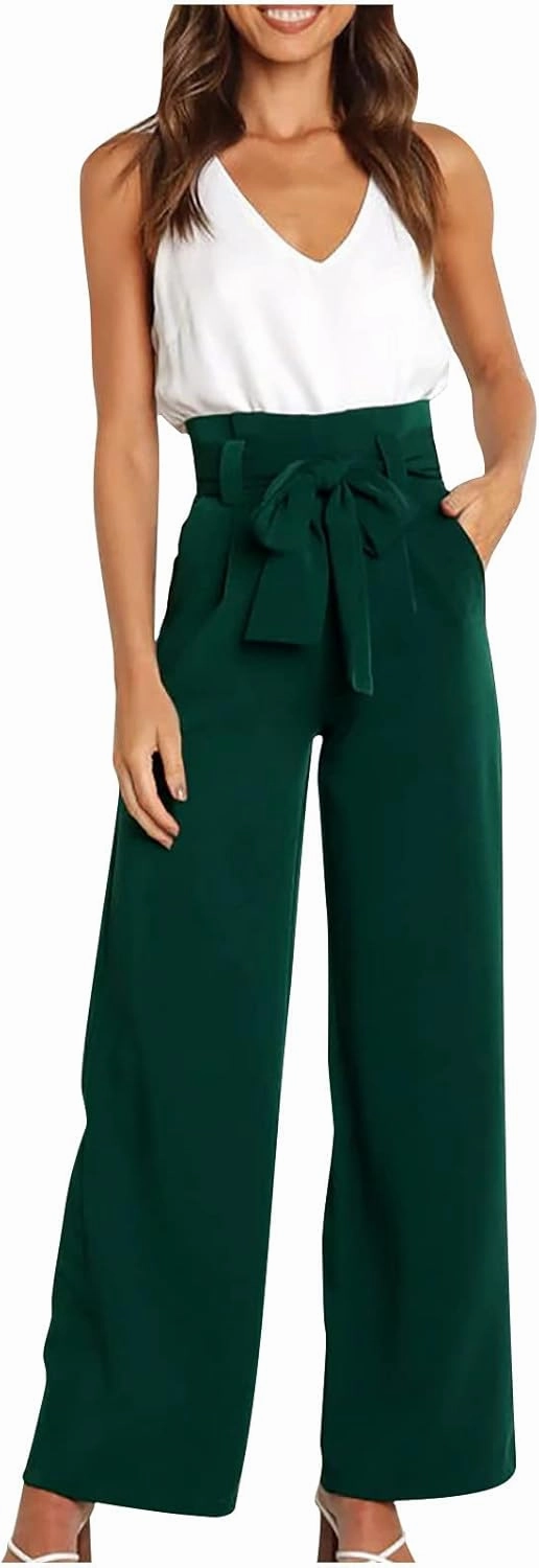 DOLKFU Womens Belted High Waist Business Casual Pants Straight Wide Leg Trousers Fashion Loose Comfy Pants
