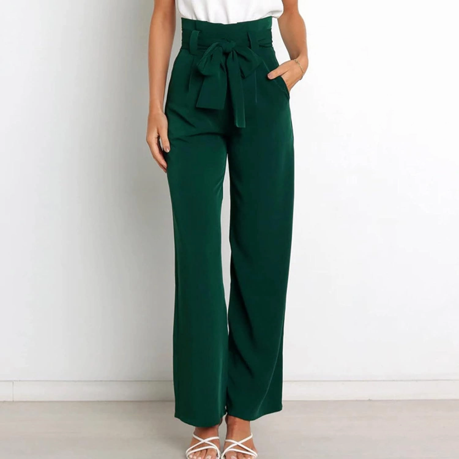 DOLKFU Womens Belted High Waist Business Casual Pants Straight Wide Leg Trousers Fashion Loose Comfy Pants