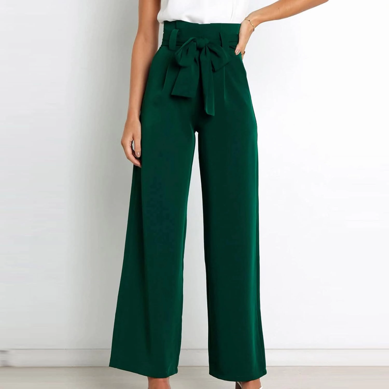DOLKFU Womens Belted High Waist Business Casual Pants Straight Wide Leg Trousers Fashion Loose Comfy Pants