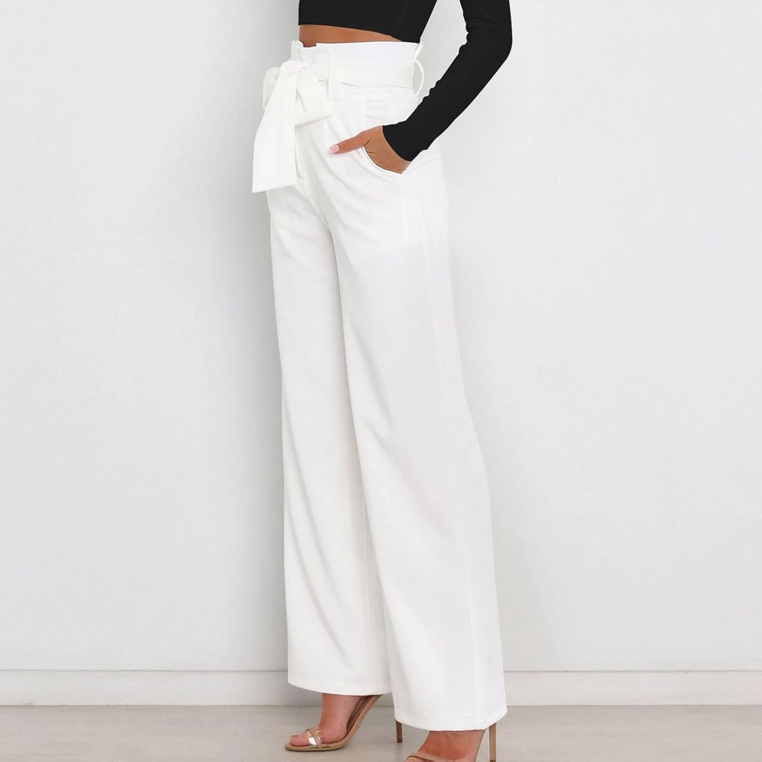 DOLKFU Womens Belted High Waist Business Casual Pants Straight Wide Leg Trousers Fashion Loose Comfy Pants