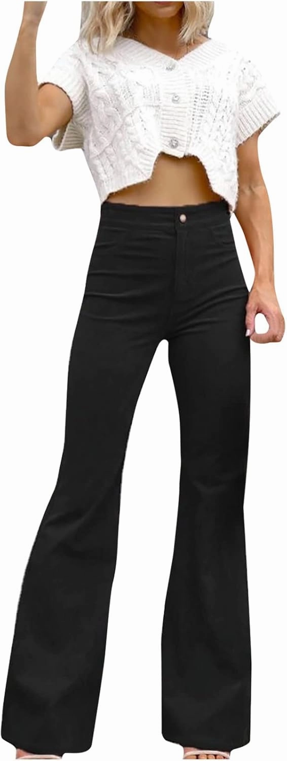 DOLKFU Womens Button Up High Waisted Trousers Flare Bell Bottom Pants Loose Fit Trendy Comfortable Trouser