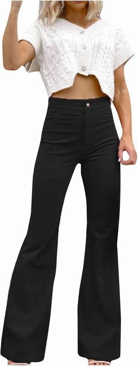 DOLKFU Womens Button Up High Waisted Trousers Flare Bell Bottom Pants Loose Fit Trendy Comfortable Trouser