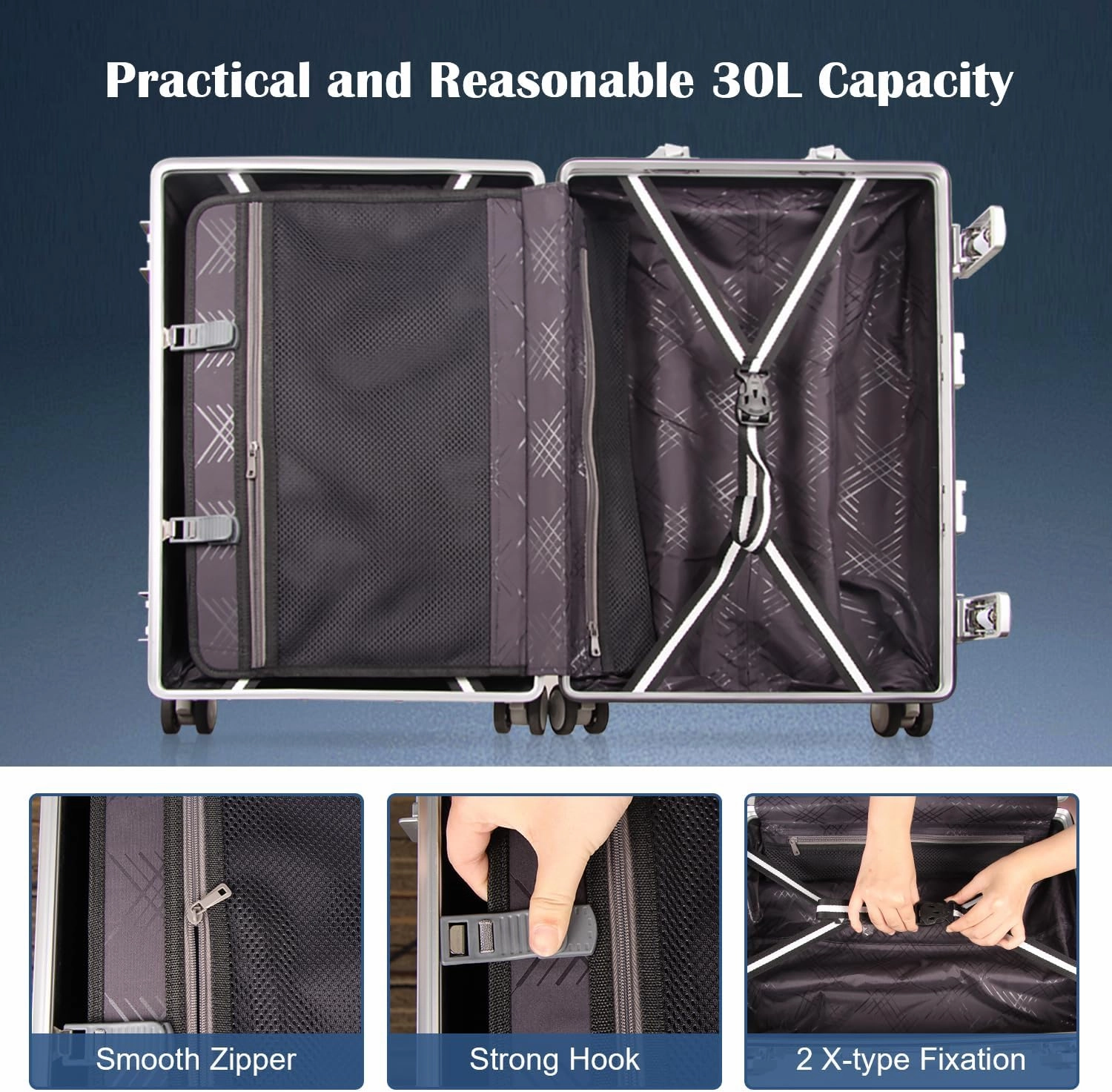DOMINOX All Aluminum Carry On Luggage Hard Shell Luggage Aluminum Suitcase for Travel Zipperless Luggage Checked Luggage with Silent 360° Spinner Wheels 20 In. (Industry Style, Sliver)