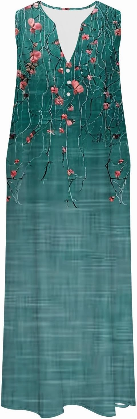 Dresses for Women Summer 2025 Casual Sleeveless Midi Sundress Flowy Plus Size Boho Floral Long Dress with Pockets