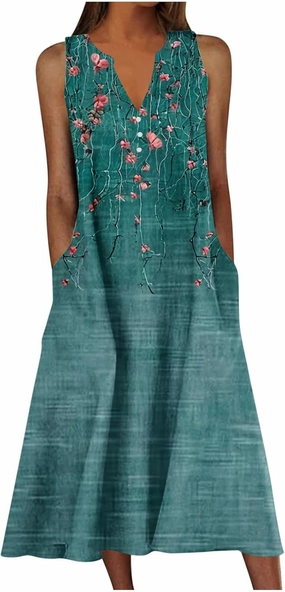 Dresses for Women Summer 2025 Casual Sleeveless Midi Sundress Flowy Plus Size Boho Floral Long Dress with Pockets