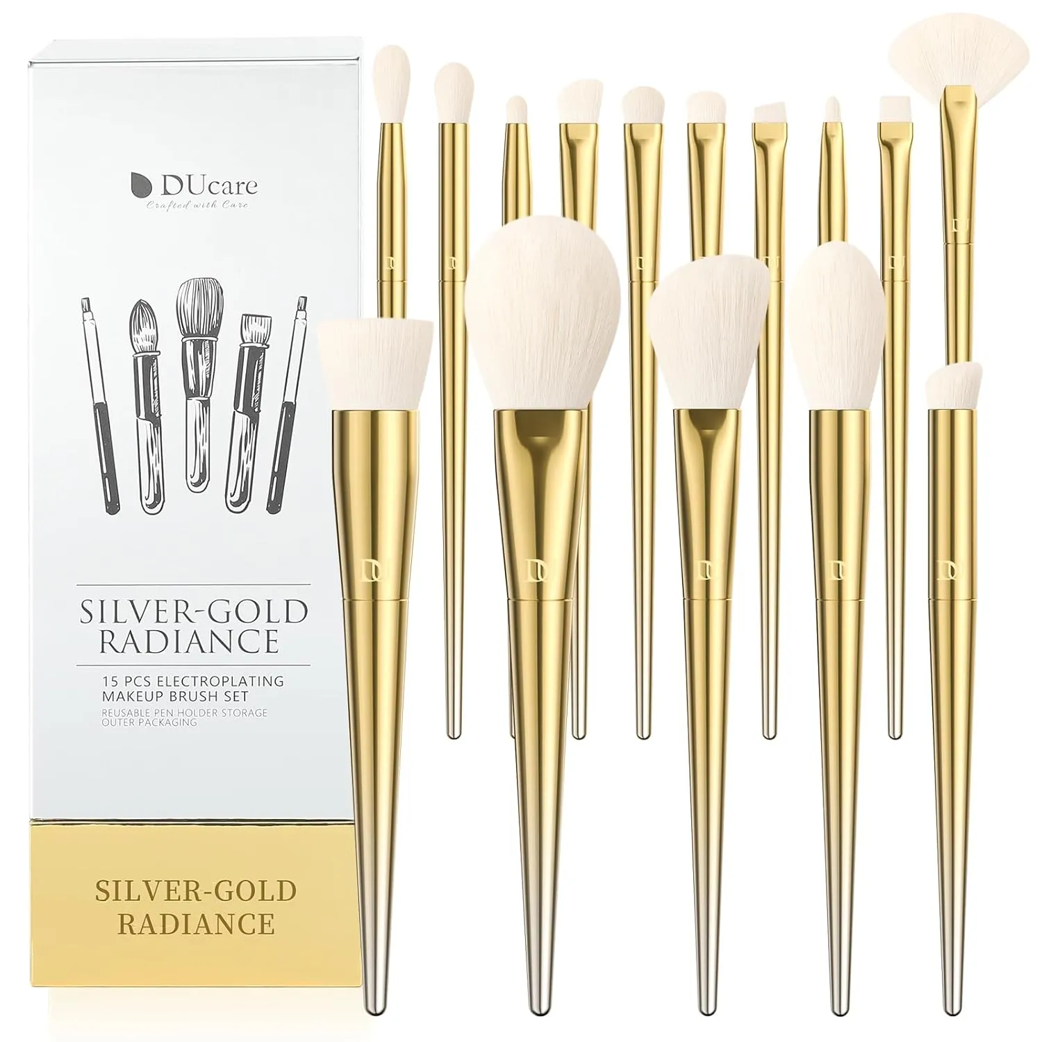 DUcare Makeup Brushes 15Pcs Makeup Brush Set with Holder Premium Synthetic Powder Foundation Contour Blush Concealer Eye Shadow Blending Liner Make Up Brush Kit gold-silver