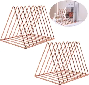 EASEPRES 9 Slot Magazine Rack Book Record Holder, Desktop Iron Storage Rack Bookshelf Multifunction Triangle File Organizer Sorter for Decor Home Office, Rose Gold Pack of 2