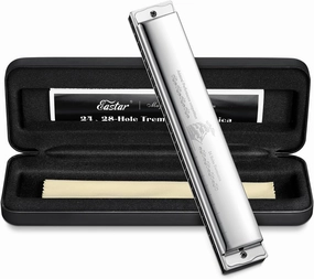 Eastar Admiral 24 Holes Harmonica, Key of C Tremolo Harmonica for Beginners Adults Kids, Performance Competition Mouth Organ with Hard Case and Cloth, Silver