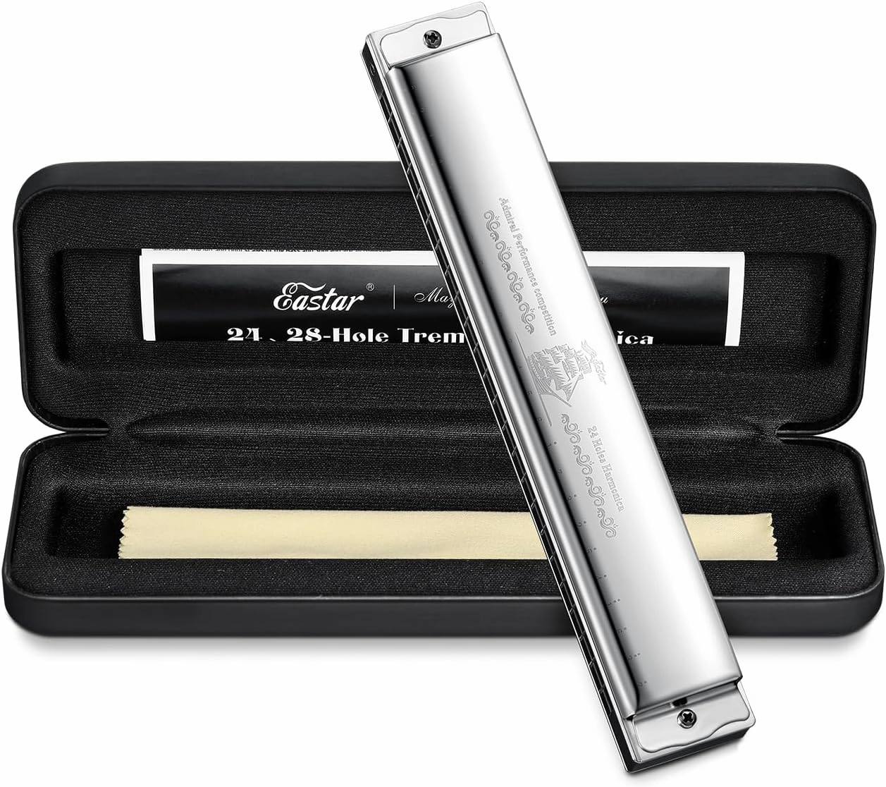 Eastar Admiral 24 Holes Harmonica, Key of C Tremolo Harmonica for Beginners Adults Kids, Performance Competition Mouth Organ with Hard Case and Cloth, Silver