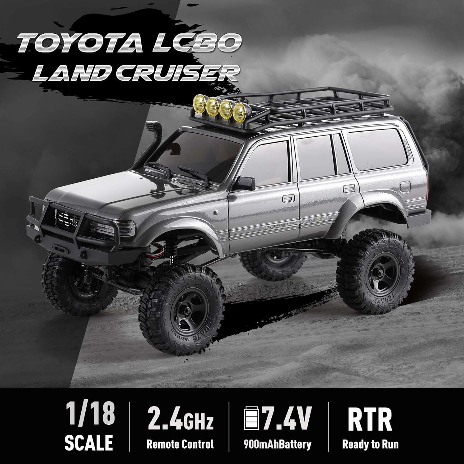 EAZYRC FMS FCX18 1/18 Land Cruiser 80 Toyota RC Rock Crawler RTR 4x4 Off-Road Waterproof Hobby Grade RC Trucks All Terrains for Adults and Beginner(Gray)