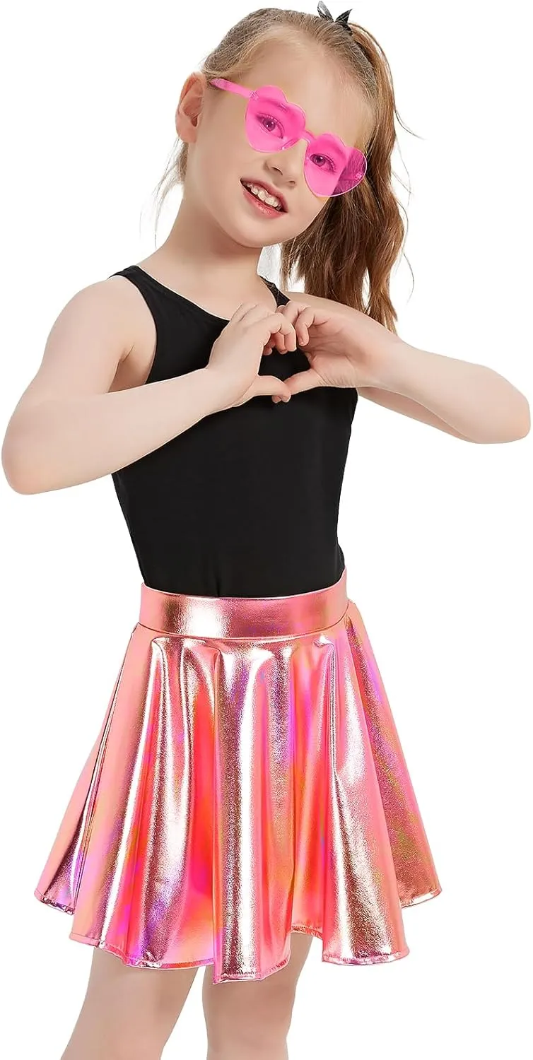 eccbox Girls Metallic Skirt Sparkle Shiny Dance Disco Flared Pleated A-Line Mini Skater Skirts with Sunglasses